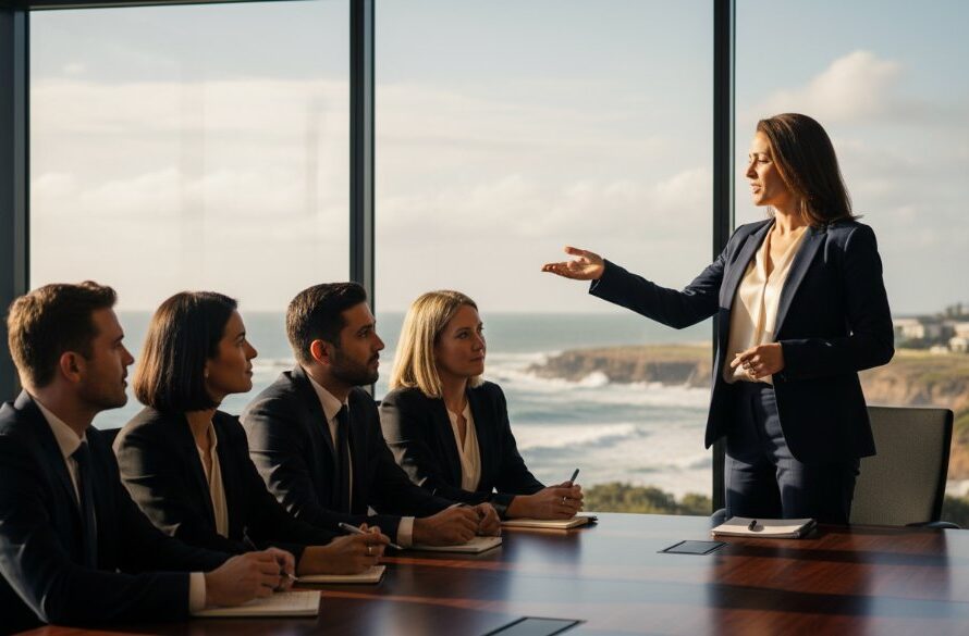 Dramatic, cinematic photograph capturing an executive delivering a powerful presentation in a modern Warrnambool office, showcasing their confidence and professionalism, ideal for professional corporate headshots Warrnambool businesses.
