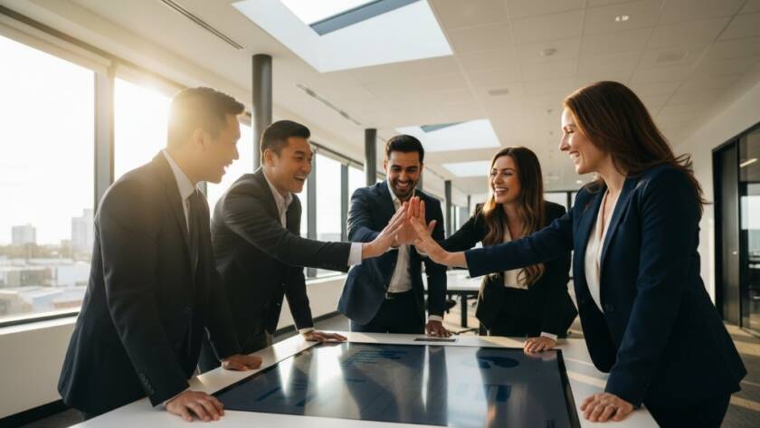 Dynamic wide-angle professional corporate headshots of a diverse team of Wyndham Vale business professionals, captured mid-discussion in a modern office space with natural light streaming through large windows, exuding confidence and collaboration.
