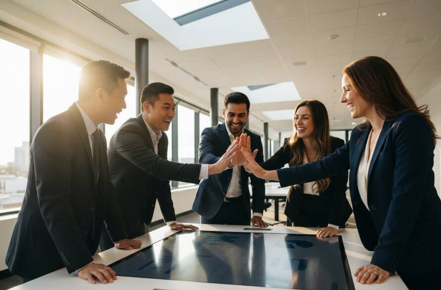 Dynamic wide-angle professional corporate headshots of a diverse team of Wyndham Vale business professionals, captured mid-discussion in a modern office space with natural light streaming through large windows, exuding confidence and collaboration.