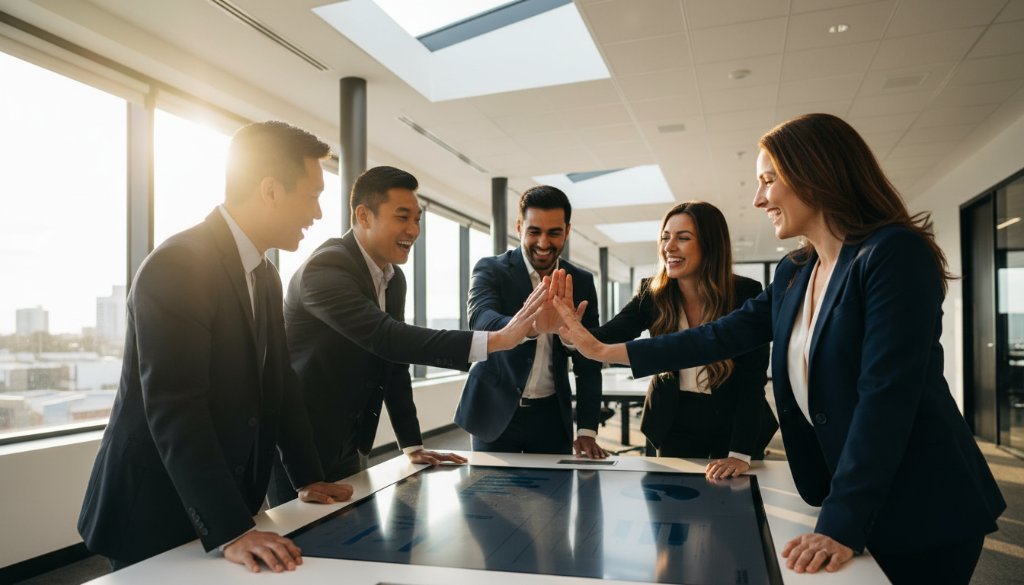 Dynamic wide-angle professional corporate headshots of a diverse team of Wyndham Vale business professionals, captured mid-discussion in a modern office space with natural light streaming through large windows, exuding confidence and collaboration.