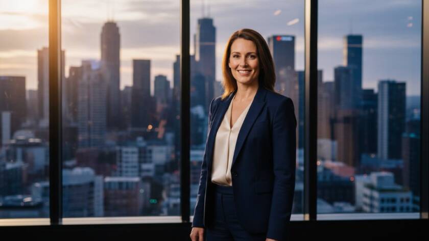 A confident female executive, professionally posed in a modern Box Hill office with the city skyline subtly blurred in the background, captured with dramatic lighting, embodying professional corporate photography Box Hill for executive branding.