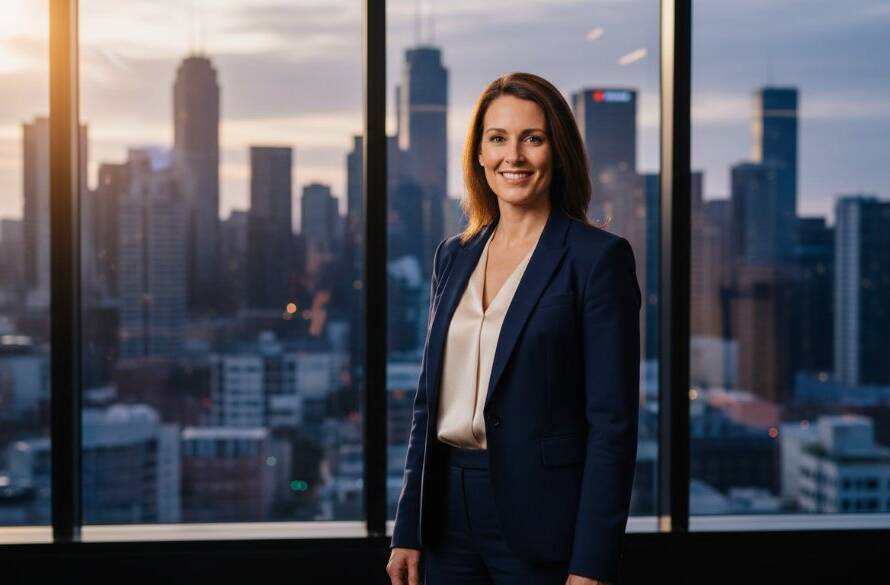 A confident female executive, professionally posed in a modern Box Hill office with the city skyline subtly blurred in the background, captured with dramatic lighting, embodying professional corporate photography Box Hill for executive branding.