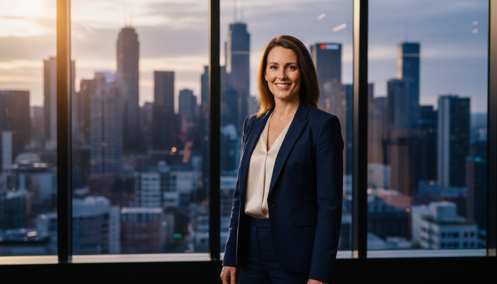 A confident female executive, professionally posed in a modern Box Hill office with the city skyline subtly blurred in the background, captured with dramatic lighting, embodying professional corporate photography Box Hill for executive branding.