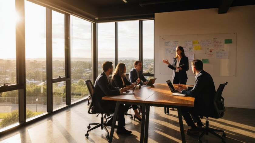 A dynamic, wide-angle shot of a diverse team of professionals in Heatherdale, Victoria, engaging in a lively strategy meeting, perfectly illustrating professional corporate photography Heatherdale Victoria businesses, with dramatic lighting enhancing their collaborative energy.