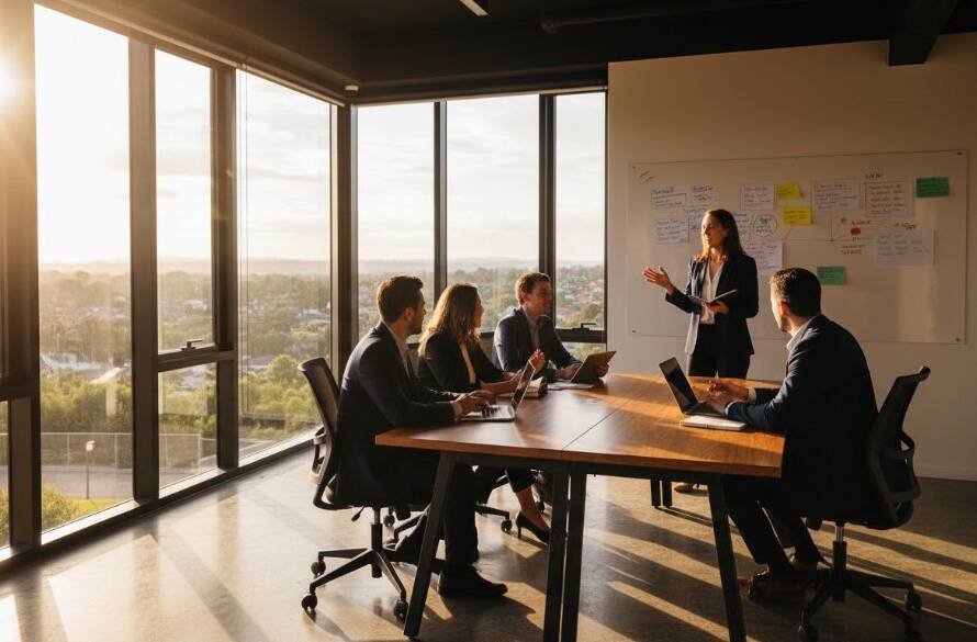 A dynamic, wide-angle shot of a diverse team of professionals in Heatherdale, Victoria, engaging in a lively strategy meeting, perfectly illustrating professional corporate photography Heatherdale Victoria businesses, with dramatic lighting enhancing their collaborative energy.