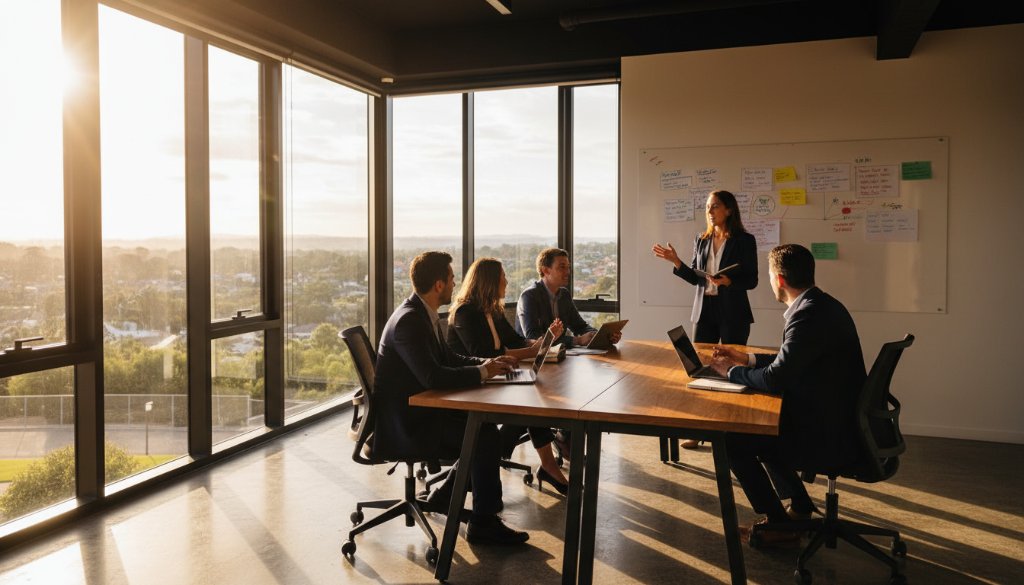 A dynamic, wide-angle shot of a diverse team of professionals in Heatherdale, Victoria, engaging in a lively strategy meeting, perfectly illustrating professional corporate photography Heatherdale Victoria businesses, with dramatic lighting enhancing their collaborative energy.