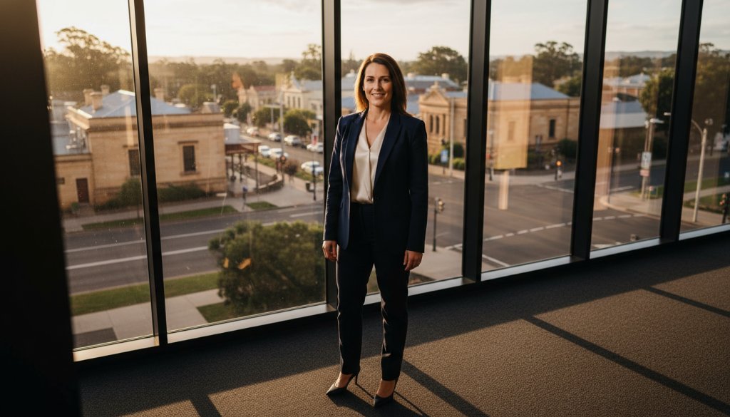 Dynamic portrait of a successful business leader in Castlemaine, captured with dramatic studio lighting, showcasing the essence of professional corporate photography services Castlemaine Victoria.