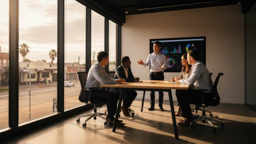 Dynamic group shot showcasing a diverse team of professionals in Sunshine West collaborating enthusiastically, with natural light streaming through a modern office window, highlighting their energy and commitment, embodying the spirit of Professional corporate photography Sunshine West Victoria.