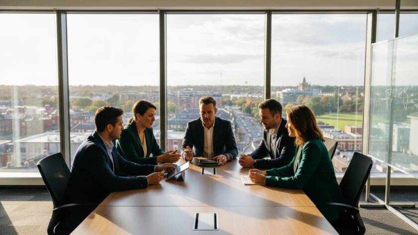 A dynamic, wide-angle shot capturing a team of professionals in Sydenham, Victoria, collaborating enthusiastically in a modern office, bathed in warm, natural light. This represents 'Professional Corporate Photography Sydenham Victoria for Branding Success', showcasing collaboration and innovation, with a blurred background of Sydenham's urban landscape visible through large windows.