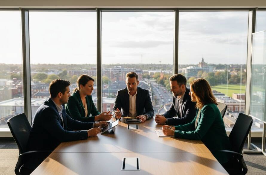A dynamic, wide-angle shot capturing a team of professionals in Sydenham, Victoria, collaborating enthusiastically in a modern office, bathed in warm, natural light. This represents 'Professional Corporate Photography Sydenham Victoria for Branding Success', showcasing collaboration and innovation, with a blurred background of Sydenham's urban landscape visible through large windows.