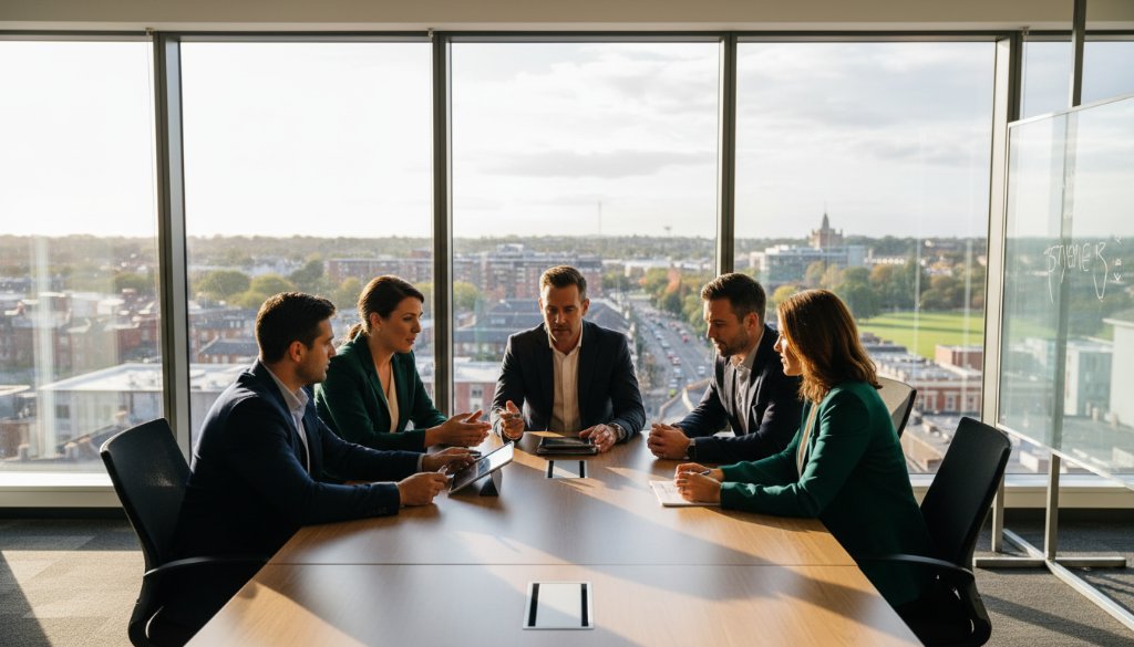 A dynamic, wide-angle shot capturing a team of professionals in Sydenham, Victoria, collaborating enthusiastically in a modern office, bathed in warm, natural light. This represents 'Professional Corporate Photography Sydenham Victoria for Branding Success', showcasing collaboration and innovation, with a blurred background of Sydenham's urban landscape visible through large windows.