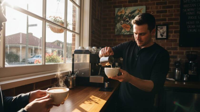 Dynamic wide-angle shot of a local Croydon café owner proudly serving a perfectly crafted latte, bathed in warm morning light, showcasing professional Croydon commercial photography for local businesses, with blurred vibrant street life in the background, conveying authenticity and community spirit.