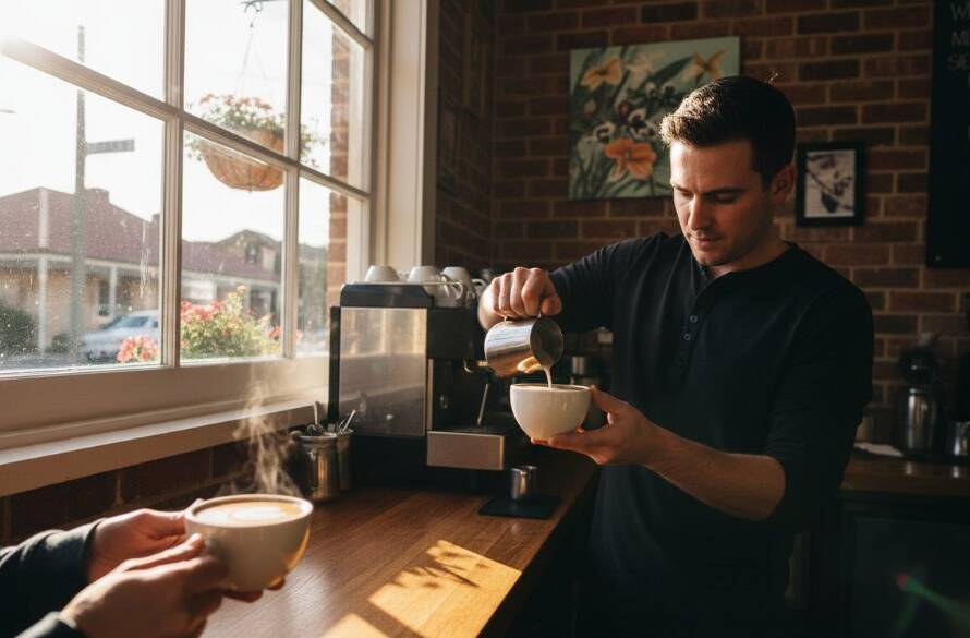 Dynamic wide-angle shot of a local Croydon café owner proudly serving a perfectly crafted latte, bathed in warm morning light, showcasing professional Croydon commercial photography for local businesses, with blurred vibrant street life in the background, conveying authenticity and community spirit.
