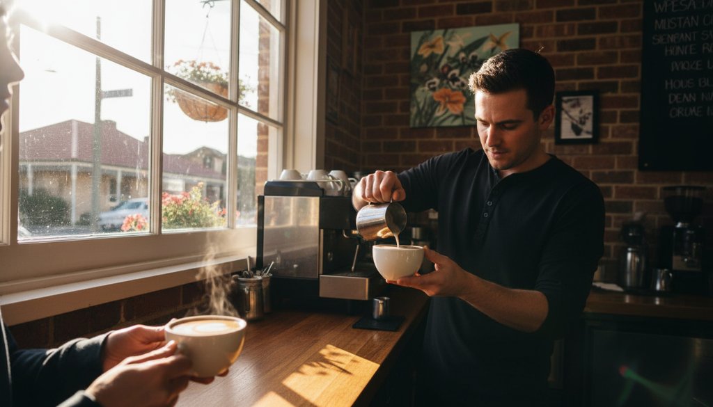 Dynamic wide-angle shot of a local Croydon café owner proudly serving a perfectly crafted latte, bathed in warm morning light, showcasing professional Croydon commercial photography for local businesses, with blurred vibrant street life in the background, conveying authenticity and community spirit.