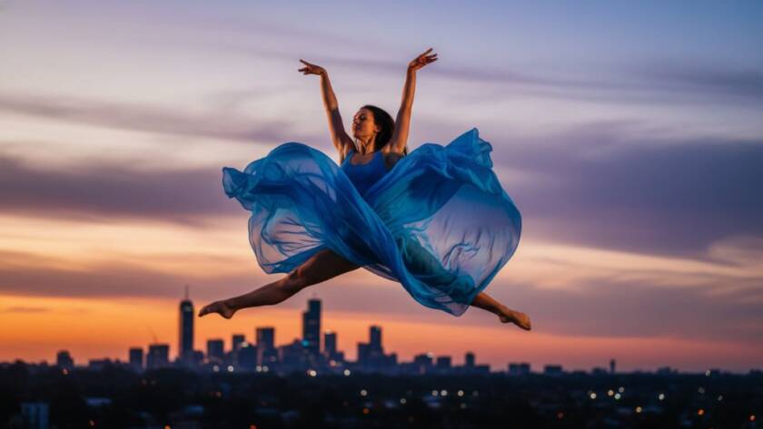 A powerful, dynamic shot of a dancer mid-leap, silhouetted against a dramatic sunset over Box Hill North, showcasing the artistry of professional dance photography Box Hill North creative sessions.
