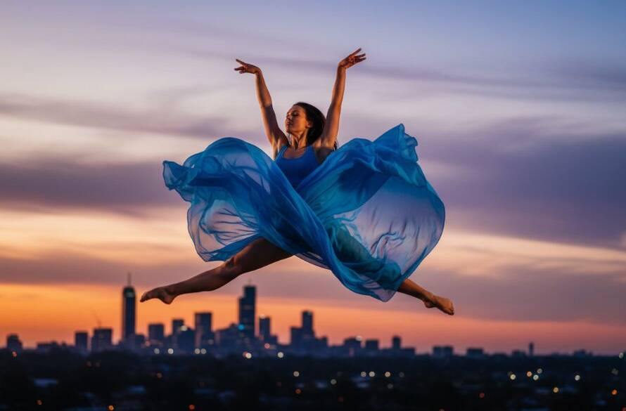 A powerful, dynamic shot of a dancer mid-leap, silhouetted against a dramatic sunset over Box Hill North, showcasing the artistry of professional dance photography Box Hill North creative sessions.