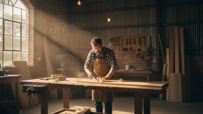 Dynamic wide shot of a local Dandenong artisan proudly presenting a handcrafted product in a well-lit workshop, bathed in golden hour light, embodying professional Dandenong commercial photography to elevate local businesses. The scene captures authentic passion and craftsmanship.