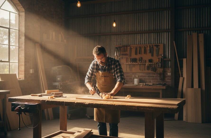 Dynamic wide shot of a local Dandenong artisan proudly presenting a handcrafted product in a well-lit workshop, bathed in golden hour light, embodying professional Dandenong commercial photography to elevate local businesses. The scene captures authentic passion and craftsmanship.