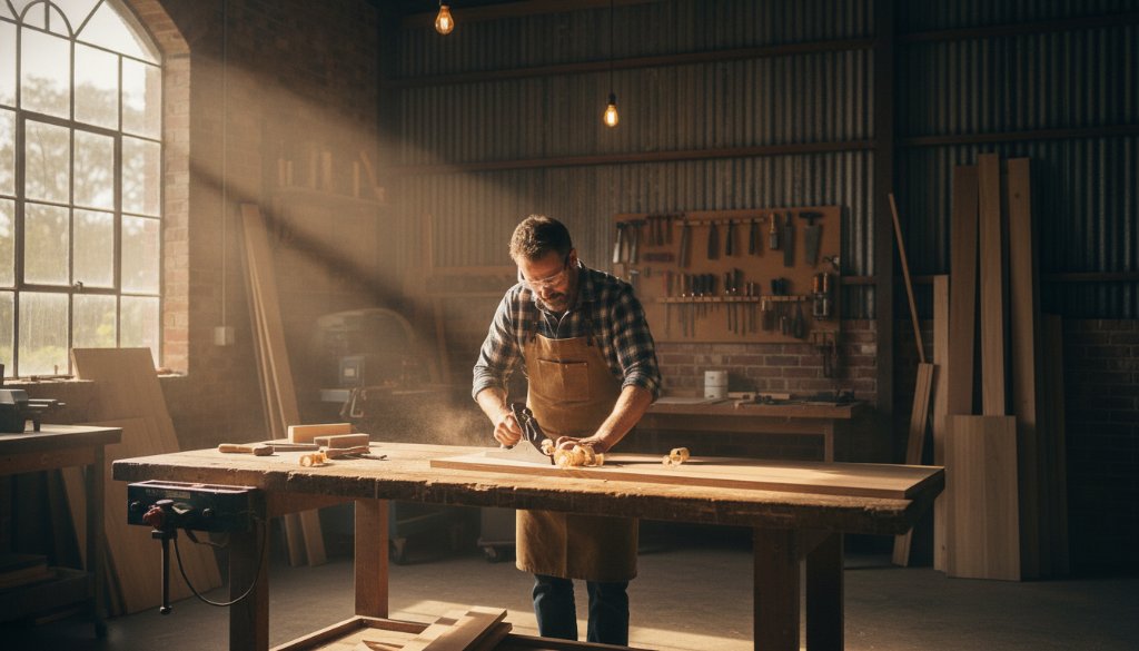 Dynamic wide shot of a local Dandenong artisan proudly presenting a handcrafted product in a well-lit workshop, bathed in golden hour light, embodying professional Dandenong commercial photography to elevate local businesses. The scene captures authentic passion and craftsmanship.