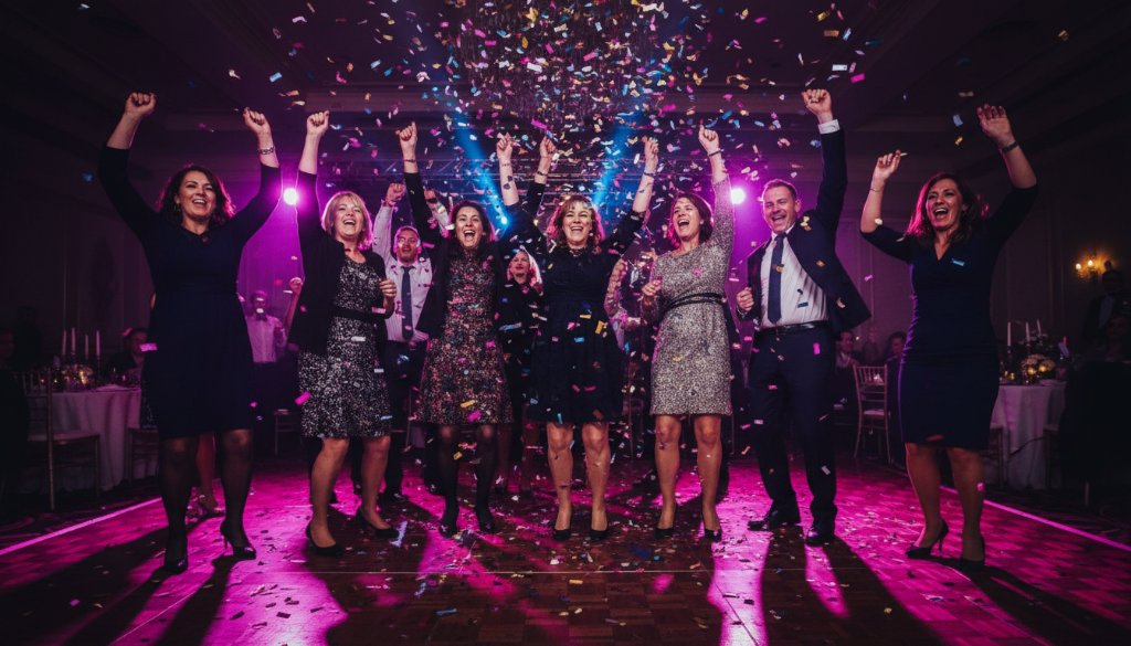 A wide-angle, vibrant shot of guests celebrating under colourful lights at a Dandenong North community hall, perfectly capturing professional Dandenong North party photography unforgettable moments with laughter and movement.