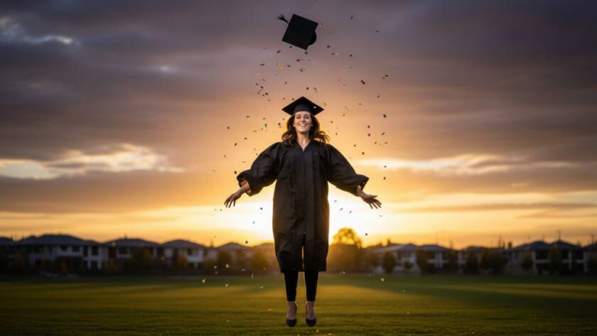Professional Derrimut Graduation Photography Packages capturing a triumphant graduate in cap and gown, joyfully tossing their mortarboard against a vibrant Derrimut sunset, with dramatic backlighting and a celebratory atmosphere.