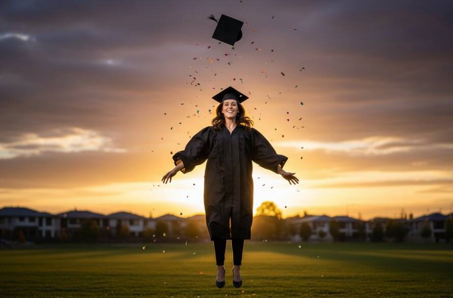 Professional Derrimut Graduation Photography Packages capturing a triumphant graduate in cap and gown, joyfully tossing their mortarboard against a vibrant Derrimut sunset, with dramatic backlighting and a celebratory atmosphere.