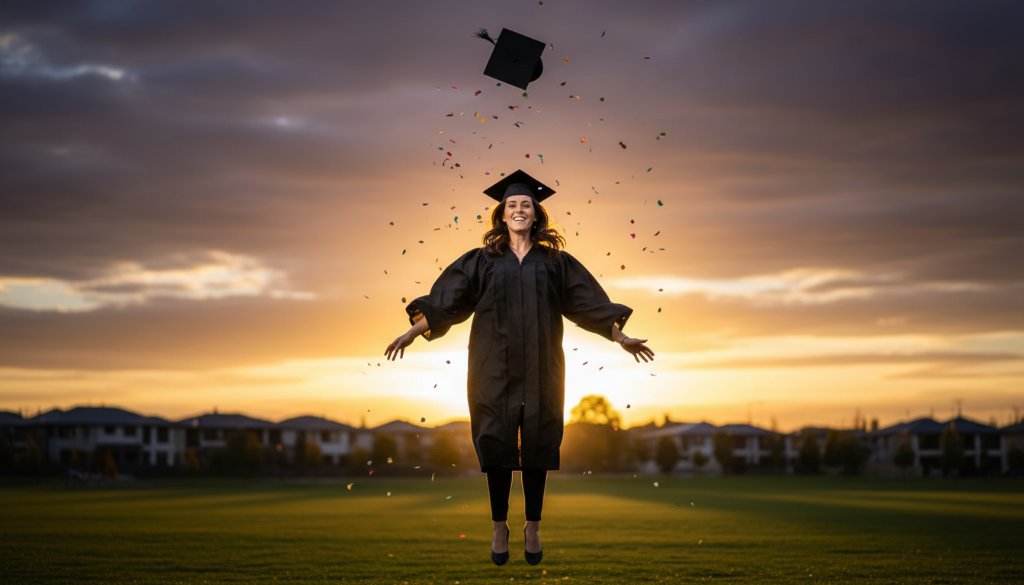 Professional Derrimut Graduation Photography Packages capturing a triumphant graduate in cap and gown, joyfully tossing their mortarboard against a vibrant Derrimut sunset, with dramatic backlighting and a celebratory atmosphere.
