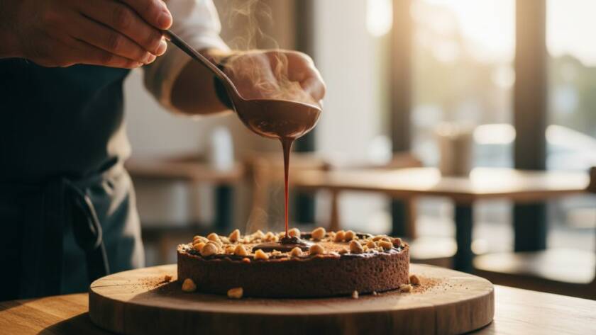 An exquisite, professionally styled chocolate lava cake, artfully drizzled with warm caramel, steaming gently, dramatically lit against a softly blurred background of a charming Lyndhurst cafe interior, embodying the essence of professional dessert photography for Lyndhurst cafes.