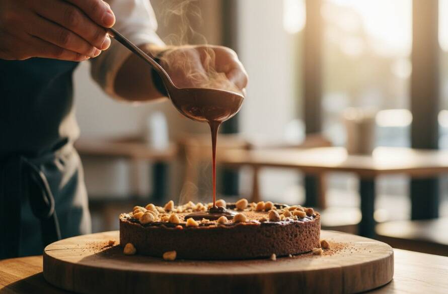 An exquisite, professionally styled chocolate lava cake, artfully drizzled with warm caramel, steaming gently, dramatically lit against a softly blurred background of a charming Lyndhurst cafe interior, embodying the essence of professional dessert photography for Lyndhurst cafes.