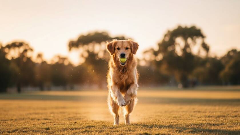 A golden retriever, full of joy and movement, leaping gracefully through the air during professional dog portraits Tarneit families cherish, with the golden hour light of a Tarneit park creating a stunning halo around its fur, captured in an epic, professional-grade photograph.