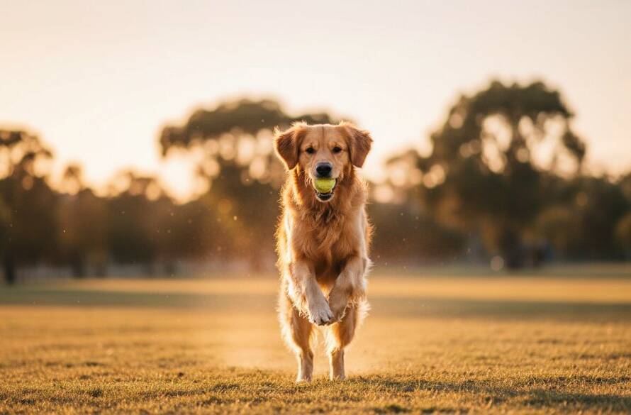 A golden retriever, full of joy and movement, leaping gracefully through the air during professional dog portraits Tarneit families cherish, with the golden hour light of a Tarneit park creating a stunning halo around its fur, captured in an epic, professional-grade photograph.