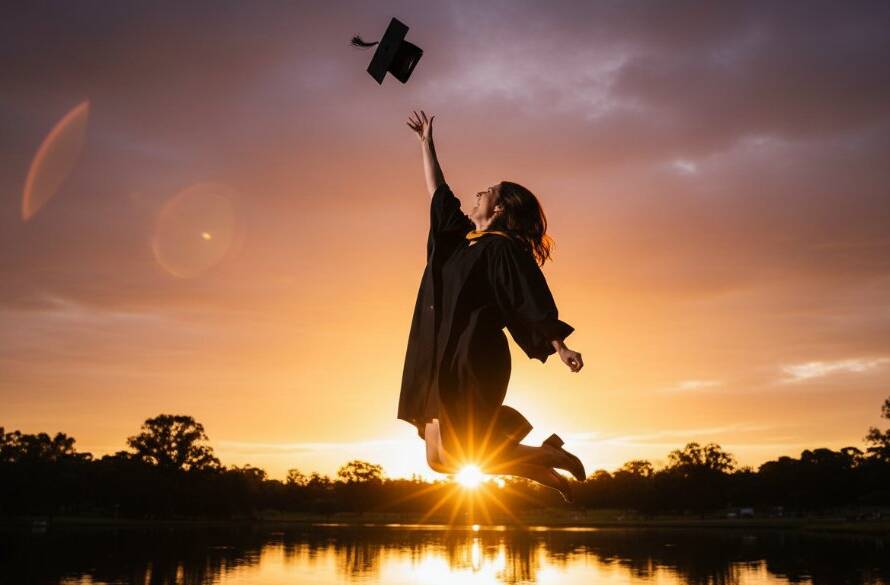A vibrant, cinematic photograph capturing the exhilaration of a graduate in Doncaster East, mid-air with their cap, celebrating their professional Doncaster East graduation photography experience with dramatic backlighting and a joyful expression.