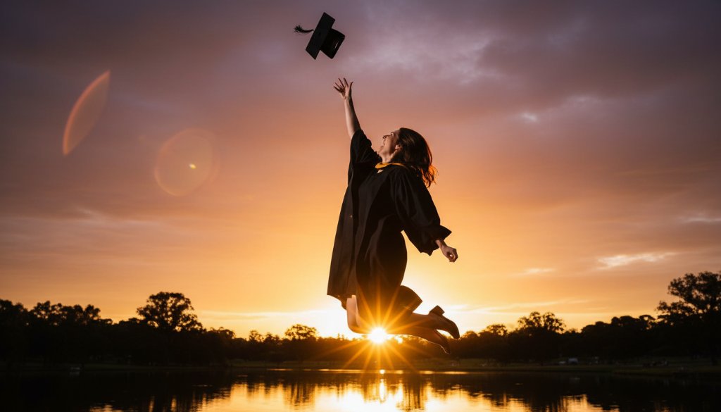 A vibrant, cinematic photograph capturing the exhilaration of a graduate in Doncaster East, mid-air with their cap, celebrating their professional Doncaster East graduation photography experience with dramatic backlighting and a joyful expression.