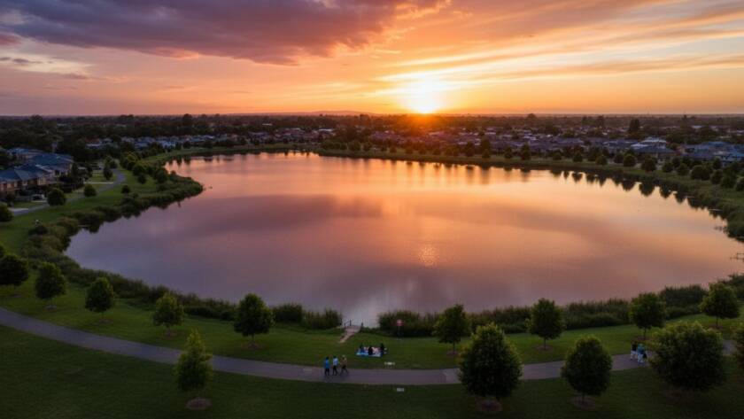 An epic, wide-angle aerial shot captured by professional drone photography Cairnlea for stunning aerial perspectives, showcasing a vibrant sunset over Cairnlea Lake with lush green parklands, a dramatic reflection on the water, and families enjoying the evening, all under a gradient sky of fiery oranges and deep blues, professionally colour-graded.