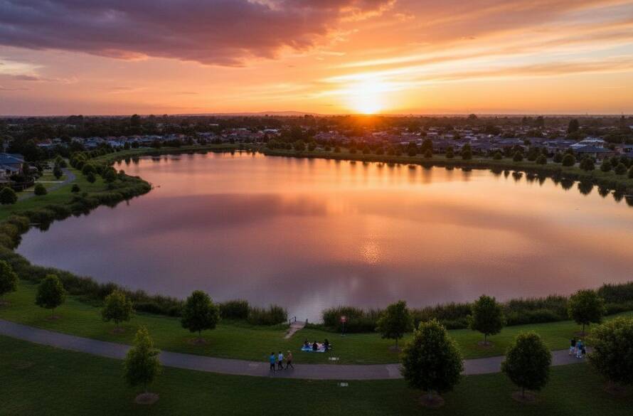 An epic, wide-angle aerial shot captured by professional drone photography Cairnlea for stunning aerial perspectives, showcasing a vibrant sunset over Cairnlea Lake with lush green parklands, a dramatic reflection on the water, and families enjoying the evening, all under a gradient sky of fiery oranges and deep blues, professionally colour-graded.