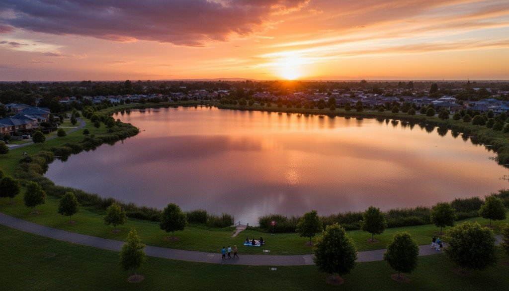 An epic, wide-angle aerial shot captured by professional drone photography Cairnlea for stunning aerial perspectives, showcasing a vibrant sunset over Cairnlea Lake with lush green parklands, a dramatic reflection on the water, and families enjoying the evening, all under a gradient sky of fiery oranges and deep blues, professionally colour-graded.