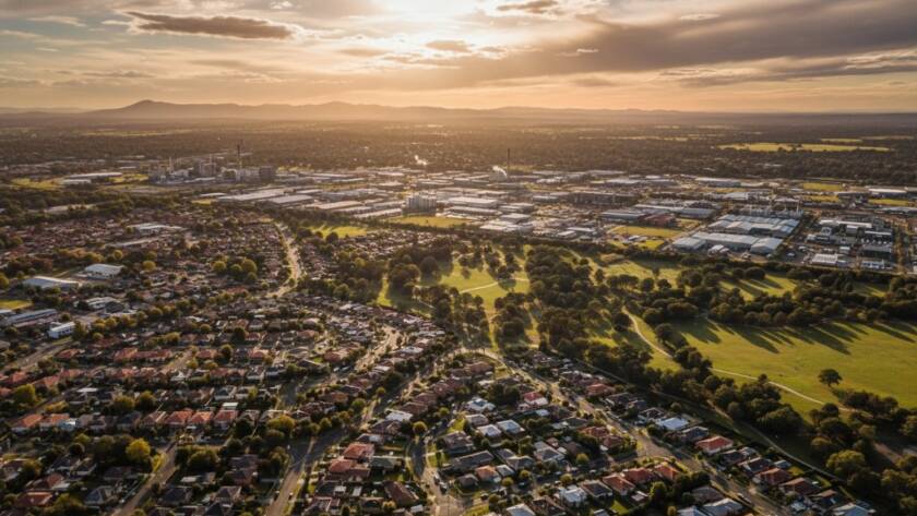 An awe-inspiring aerial photograph showcasing the vibrant green landscapes and suburban sprawl of Hallam, Victoria at sunrise, captured with professional drone photography, highlighting unique perspectives and dramatic light.