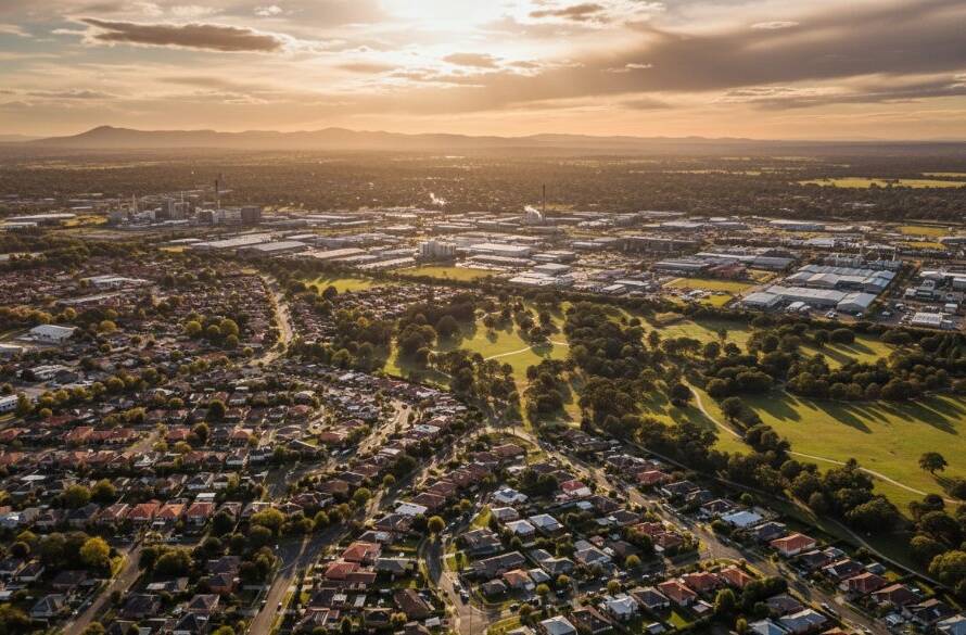 An awe-inspiring aerial photograph showcasing the vibrant green landscapes and suburban sprawl of Hallam, Victoria at sunrise, captured with professional drone photography, highlighting unique perspectives and dramatic light.