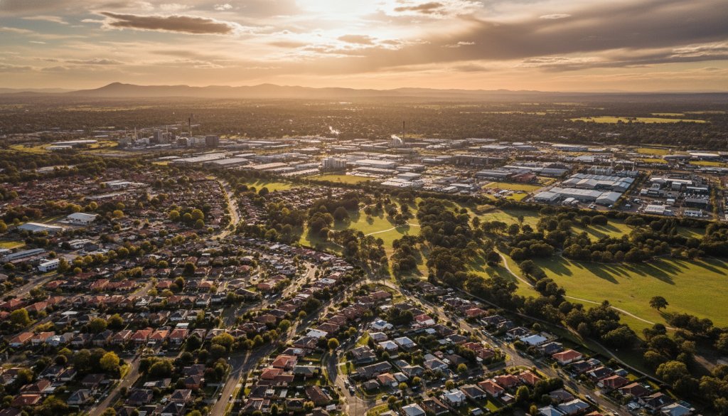 An awe-inspiring aerial photograph showcasing the vibrant green landscapes and suburban sprawl of Hallam, Victoria at sunrise, captured with professional drone photography, highlighting unique perspectives and dramatic light.