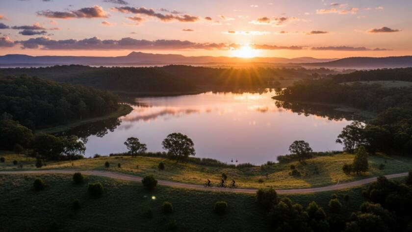 An epic sunrise moment captured by professional drone photography Lysterfield Lake stunning aerials, featuring the tranquil lake reflecting vibrant dawn colours with lush hills in the background, a professional, colour-graded cinematic shot.