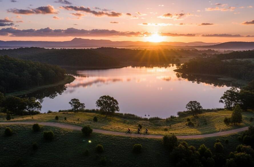 An epic sunrise moment captured by professional drone photography Lysterfield Lake stunning aerials, featuring the tranquil lake reflecting vibrant dawn colours with lush hills in the background, a professional, colour-graded cinematic shot.
