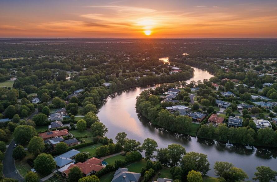 An epic wide-angle drone photograph capturing a stunning sunset over the Yarra River in Templestowe Lower, Victoria, showcasing a vibrant suburban landscape bathed in golden light, taken by professional drone services Templestowe Lower Victoria.