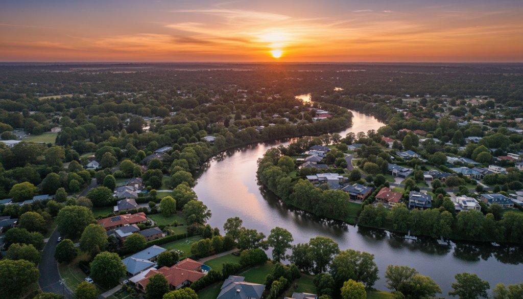 An epic wide-angle drone photograph capturing a stunning sunset over the Yarra River in Templestowe Lower, Victoria, showcasing a vibrant suburban landscape bathed in golden light, taken by professional drone services Templestowe Lower Victoria.