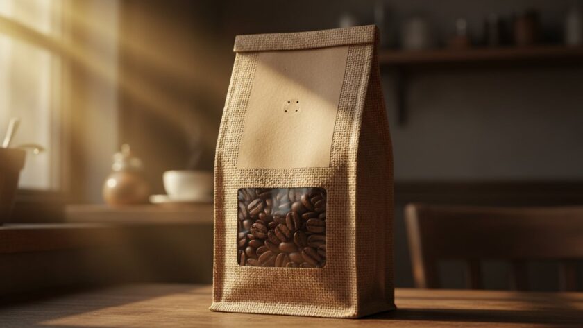 A stunning, dramatically lit close-up photograph of a premium handcrafted coffee blend in an elegant hessian bag, captured with professional Drumcondra product photography for local artisans, highlighting its rich texture and quality with golden sunlight, evoking a warm, inviting local atmosphere.