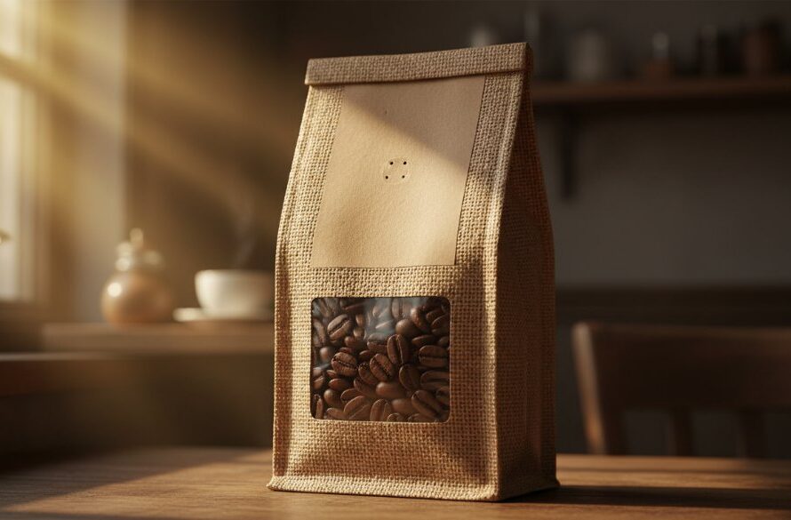 A stunning, dramatically lit close-up photograph of a premium handcrafted coffee blend in an elegant hessian bag, captured with professional Drumcondra product photography for local artisans, highlighting its rich texture and quality with golden sunlight, evoking a warm, inviting local atmosphere.