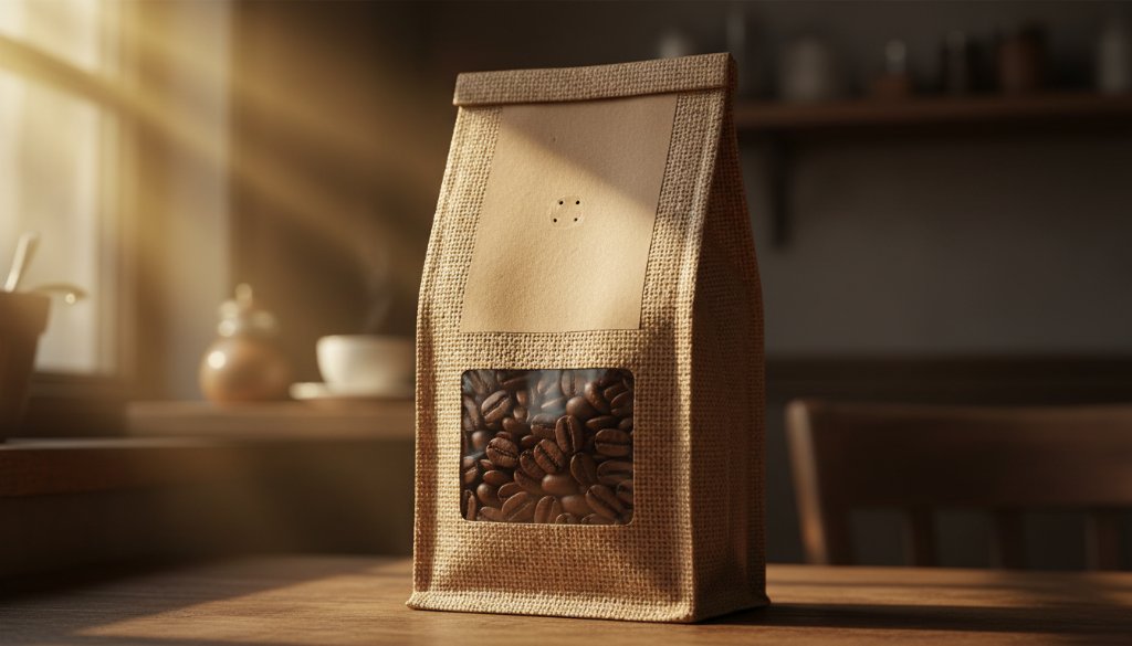 A stunning, dramatically lit close-up photograph of a premium handcrafted coffee blend in an elegant hessian bag, captured with professional Drumcondra product photography for local artisans, highlighting its rich texture and quality with golden sunlight, evoking a warm, inviting local atmosphere.