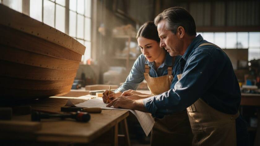 A professional editorial storytelling photography capture in Chelsea Heights, Victoria, showing a local business owner passionately discussing their craft with a client in a sunlit workshop, dramatically lit with rim light and a shallow depth of field, conveying authenticity and expertise.