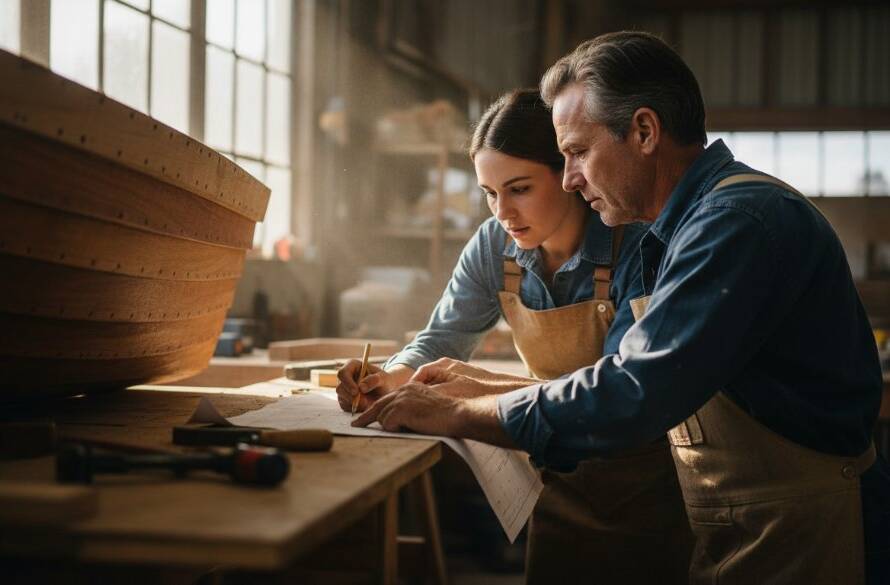 A professional editorial storytelling photography capture in Chelsea Heights, Victoria, showing a local business owner passionately discussing their craft with a client in a sunlit workshop, dramatically lit with rim light and a shallow depth of field, conveying authenticity and expertise.