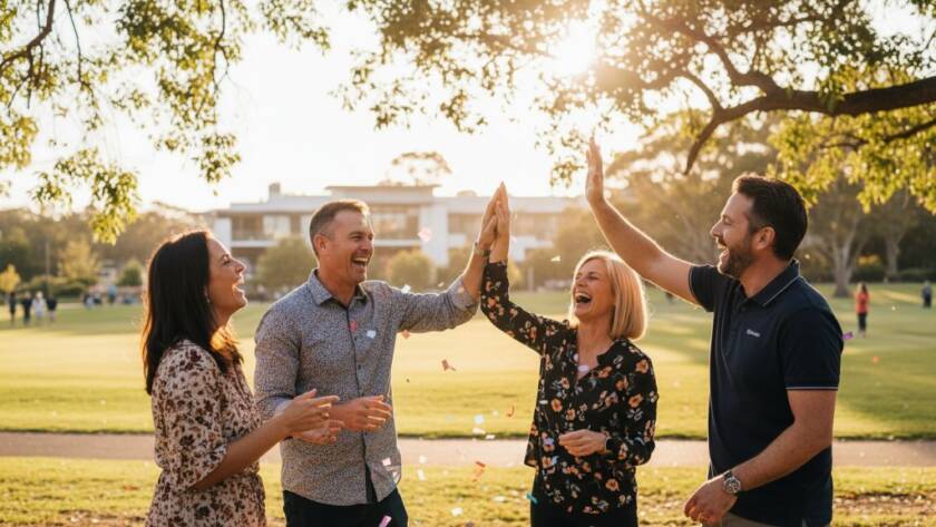 A professional event photographer Sandhurst Victoria captures an epic moment of joy and celebration at a community festival, with vibrant colours and a clear sense of movement among attendees.