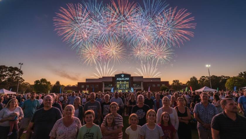 An aerial shot capturing the joyous energy of a vibrant Nunawading community festival, with a professional event photographers Nunawading vibrant celebrations team documenting a climactic fireworks display illuminating the twilight sky over a bustling market street.
